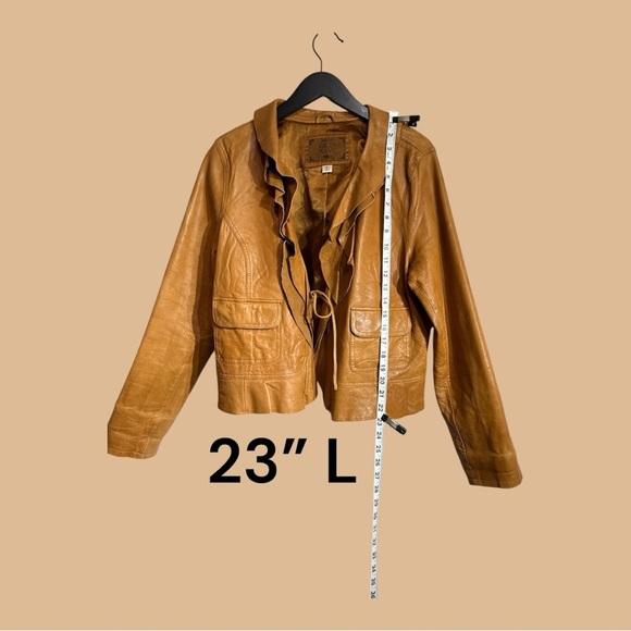 Old Navy Vintage Genuine Tan Leather Cropped Jacket Ruffle Collar Tie Front XL - Picture 2 of 10